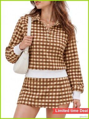 Women's 2 Piece Skirt Set Polo Collar Long Sleeve Mini Skirt Gingham Outfit